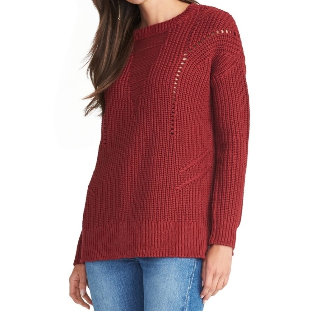 RACHEL ROY. Women's Textured Mixed Knit Crewneck Sweater Top Color:redwood